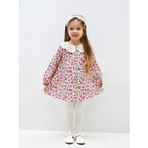 LCW Kids EKRU Bebe Yaka Kısa Kollu Çiçek Desenli Kız Bebek Elbise