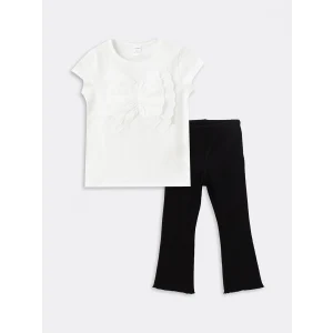 LCW Kids EKRU Bisiklet Yaka Kısa Kollu Kız Bebek Bluz ve Tayt 2li Takım