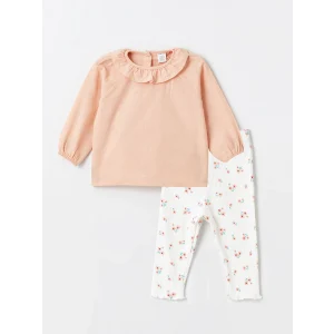 LCW baby PEMBE Bebe Yaka Uzun Kollu Baskılı Kız Bebek Bluz ve Tayt 2li Takım