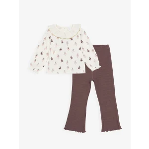 LCW Kids EKRU Bisiklet Yaka Uzun Kollu Baskılı Kız Bebek Bluz ve Tayt Pantolon 2li Takım