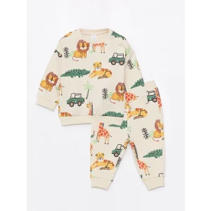 LCW baby EKRU Bisiklet Yaka Uzun Kollu Baskılı Erkek Bebek Sweatshirt ve Eşofman Altı 2li Takım