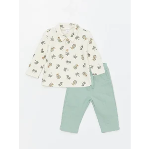 LCW baby EKRU Gömlek Yaka Baskılı Erkek Bebek Tişört ve Pantolon 2li Takım