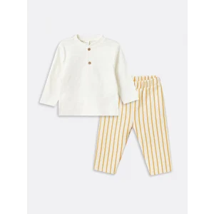 LCW baby EKRU Bisiklet Yaka Uzun Kollu Erkek Bebek Tişört ve Pantolon 2li Takım