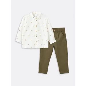 LCW Kids BEYAZ Baskılı Uzun Kollu Erkek Bebek Gömlek ve Pantolon 2li Takım