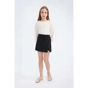 Defacto E0795 Siyah Kız Çocuk 2li Takım Bisiklet Yaka Uzun Kollu Bluz Şort Etek