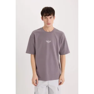 Defacto D5518 Mor Boxy Fit Bisiklet Yaka Baskılı Kısa Kollu Ağır Kumaş Tişört