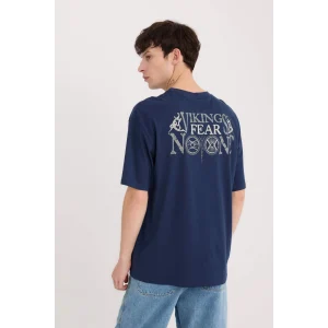 Defacto E0331 Lacivert Vikings Valhalla Boxy Fit Bisiklet Yaka Sırt Baskılı Kısa Kollu Tişört