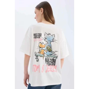 Defacto D9130 Beyaz Coool Tom & Jerry Oversize Geniş Kalıp Bisiklet Yaka Sırt Baskılı Kısa Kollu Tişört