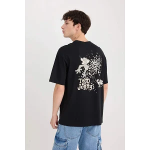 Defacto D6790 Siyah Tom & Jerry Boxy Fit Bisiklet Yaka Sırt Baskılı Kısa Kollu Tişört