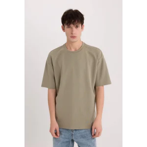 Defacto X3926 Haki Oversize Geniş Kalıp Bisiklet Yaka Kısa Kollu Ağır Kumaş Tişört