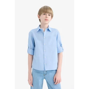 Defacto B5983 Mavi Erkek Çocuk Polo Yaka Keten Görünümlü Uzun Kollu Gömlek