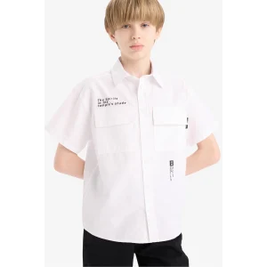 Defacto E5034 Beyaz Erkek Çocuk Oversize Geniş Kalıp Polo Yaka Baskılı Poplin Kısa Kollu Gömlek