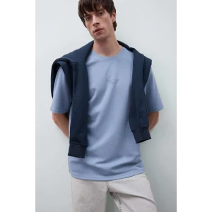 Defacto D5518 Mavi Boxy Fit Bisiklet Yaka Baskılı Kısa Kollu Ağır Kumaş Tişört