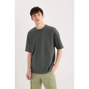 Defacto X3926 Yeşil Oversize Geniş Kalıp Bisiklet Yaka Kısa Kollu Ağır Kumaş Tişört