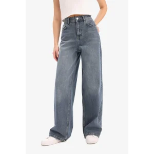 Defacto E4308 Mavi Wide Leg Yüksek Bel Uzun Jean Yıkamalı Pantolon