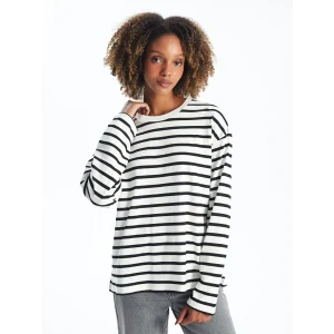 XSIDE EKRU Bisiklet Yaka Çizgili Uzun Kollu Kadın Tişört