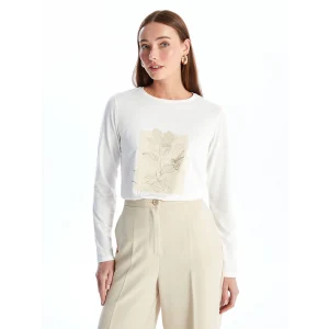 LCWAIKIKI Basic EKRU Bisiklet Yaka Baskılı Uzun Kollu Kadın Tişört