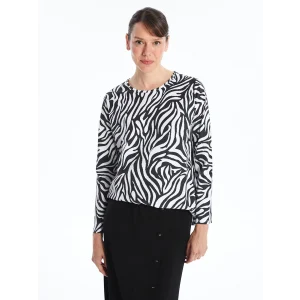 LCW Grace SİYAH Bisiklet Yaka Desenli Kadın Tişört