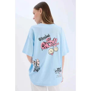 Defacto D9122 Mavi Coool SmileyWorld Oversize Geniş Kalıp Bisiklet Yaka Baskılı Kısa Kollu Tişört