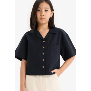 Defacto D7638 Siyah Kız Çocuk Cropped Fit Keten Kısa Kollu Gömlek