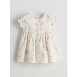 LCW baby Ekru Bebe Yaka Çiçekli Kız Bebek Elbise