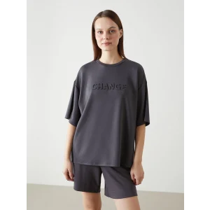 LCW Vision Antrasit Bisiklet Yaka Baskılı Oversize Kadın Tişört