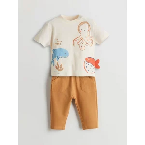 LCW baby Bej Baskılı Erkek Bebek Tişört ve Pantolon 2li