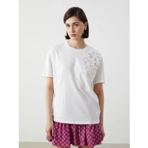 LCW Vision Ekru Bisiklet Yaka Çiçek Nakışlı Kadın Tişört