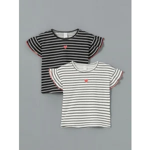 LCW Kids Ekru Çizgili Fırfırlı Kız Çocuk Tişört 2li