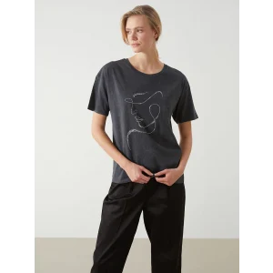 LCW Vision Antrasit Bisiklet Yaka Taşlı Kadın Tişört