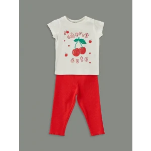 LCW baby Ekru Bisiklet Yaka Baskılı Kız Bebek Tişört ve Tayt 2li