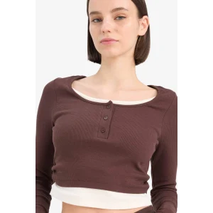 Defacto E7606 Kahve Coool Fitted Fitilli Kaşkorse Uzun Kollu Tişört