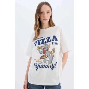 Defacto D9120 Beyaz Coool Tom & Jerry Oversize Geniş Kalıp Bisiklet Yaka Baskılı Kısa Kollu Tişört