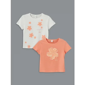 LCW Kids Ekru Bisiklet Yaka Çiçekli Kız Çocuk Tişört 2li