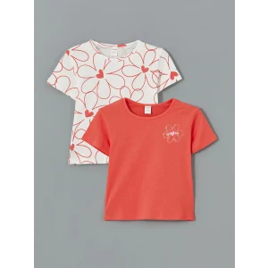 LCW Kids Mercan Bisiklet Yaka Çiçekli Kız Çocuk Tişört 2li