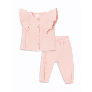 LCW baby Pembe Bisiklet Yaka Dokulu Kız Çocuk Gömlek ve Pantolon 2li