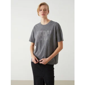 LCW Vision Antrasit Bisiklet Yaka Taşlı Oversize Kadın Tişört