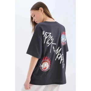 Defacto D9127 Antrasit Coool Rick and Morty Oversize Geniş Kalıp Bisiklet Yaka Sırt Baskılı Kısa Kollu Tişört
