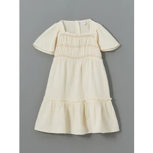LCW Kids Ekru Basic Müslin Büzgülü Kız Çocuk  Elbise