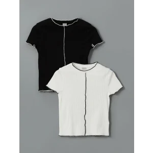 LCW Kids Ekru Bisiklet Yaka Kız Çocuk Crop Tişört 2li