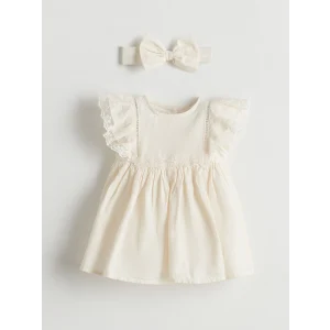 LCW baby Ekru Poplin Kız Bebek Elbise ve Saç Bandı 2li