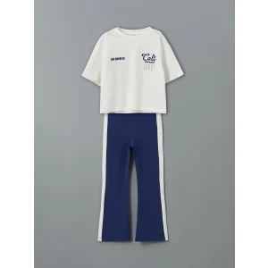 LCW Kids Ekru Los Angeles Baskılı Kız Çocuk Tişört ve Eşofman Altı