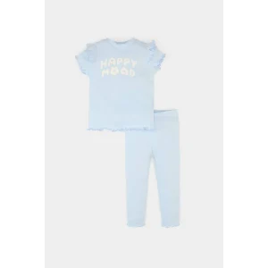 Defacto A0457 Mavi Kız Bebek 2li Takım Baskılı Kısa Kollu Fitilli Kaşkorse Tişört Beli Lastikli Alt