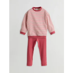 LCW baby Pembe Çizgili Kız Bebek Sweatshirt ve Tayt 2li