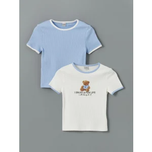 LCW Kids Ekru Bisiklet Yaka Ayı Teddy Baskılı Kız Çocuk Crop Tişört 2li