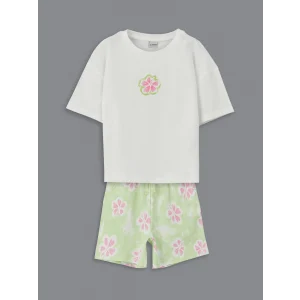 LCW Kids Ekru Bisiklet Yaka Çiçekli Kız Çocuk Tişört ve Şort