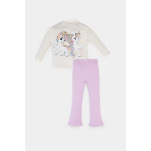 Defacto E5558 Ekru Kız Bebek 2li Takım Unicorn Baskılı Uzun Kollu Tişört İspanyol Paça Tayt