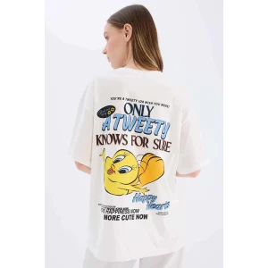 Defacto D9119 Beyaz Coool Looney Tunes Oversize Geniş Kalıp Bisiklet Yaka Baskılı Kısa Kollu Tişört