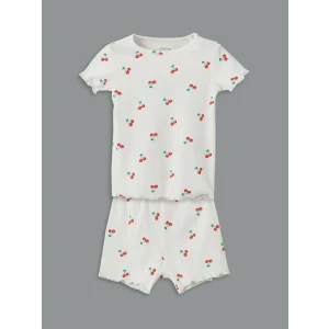 LCW baby Ekru Kiraz Baskılı Kız Bebek Şortlu Pijama Takım