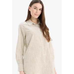 Defacto E6912 Haki Regular Fit Çizgili Flamlı Pamuk Uzun Kollu Gömlek Tunik